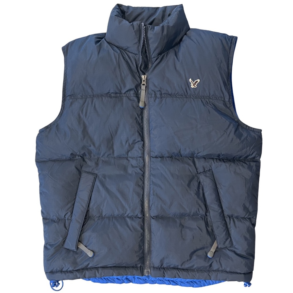Y2K Men’s Navy Blue American Eagle Down Puffer Vest Hidden Hood 90s Small Zip